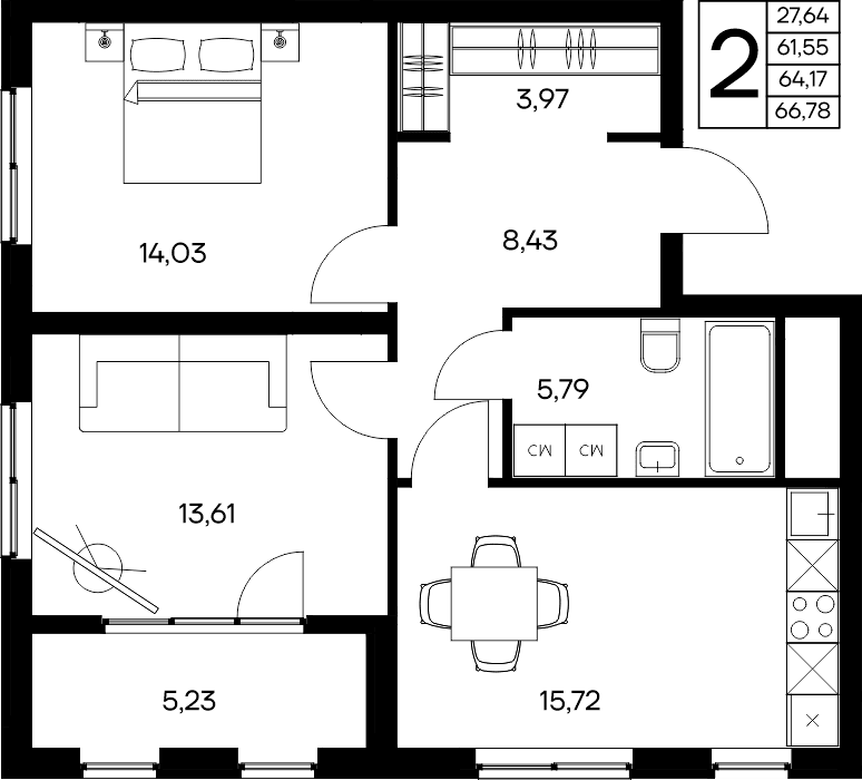 2-к, 66.78 м² · Листория