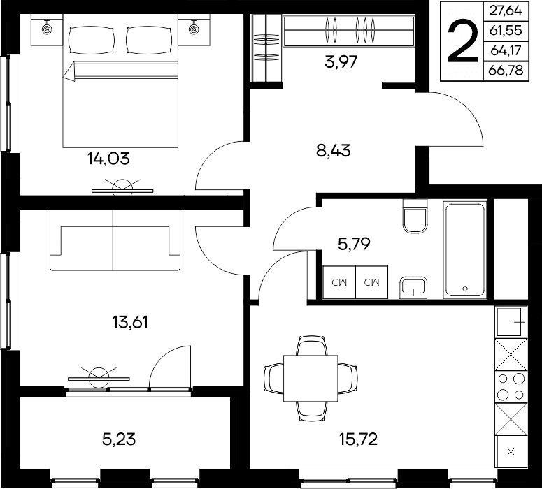 2-к, 66.78 м² · Листория