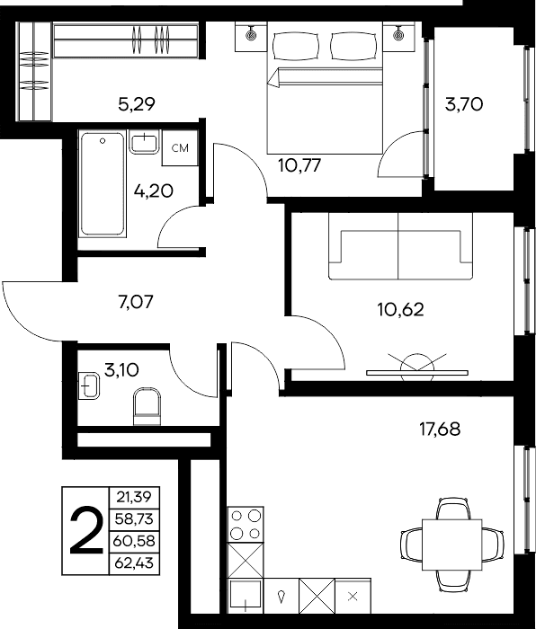 2-к, 62.43 м² · Листория