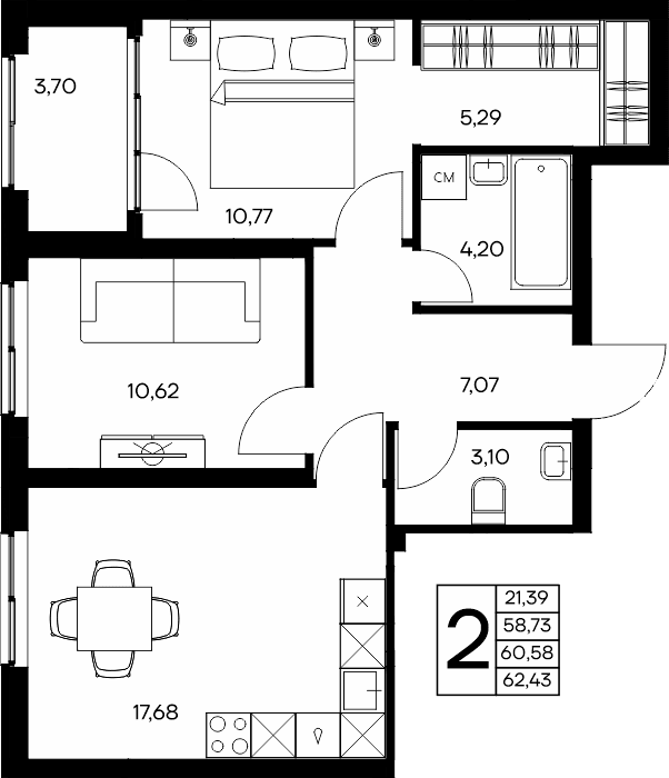 2-к, 62.43 м² · Листория