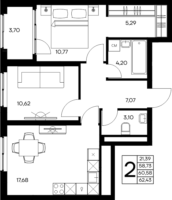 2-к, 62.43 м² · Листория