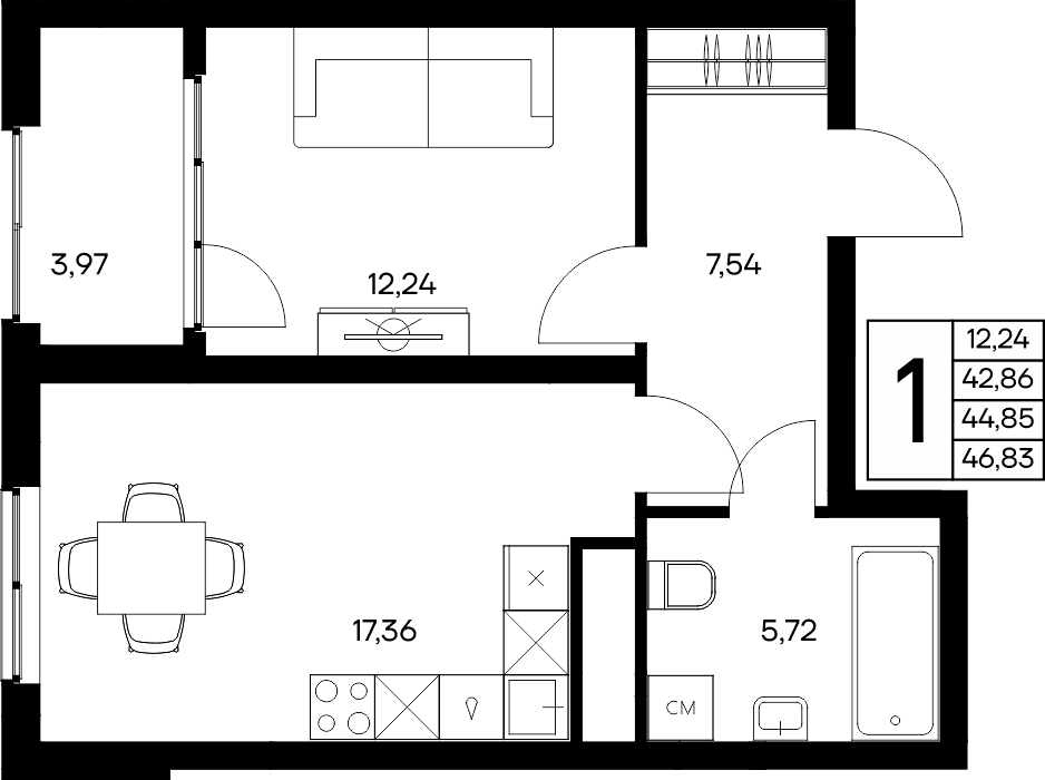 1-к, 46.83 м² · Листория