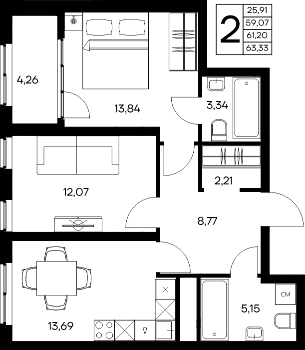 2-к, 63.33 м² · Листория