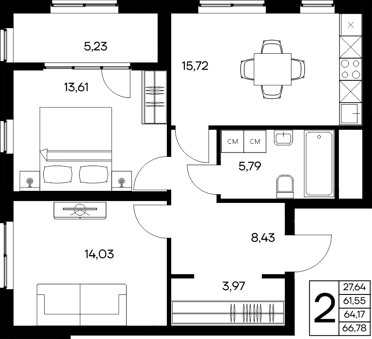 2-к, 66.78 м² · Листория