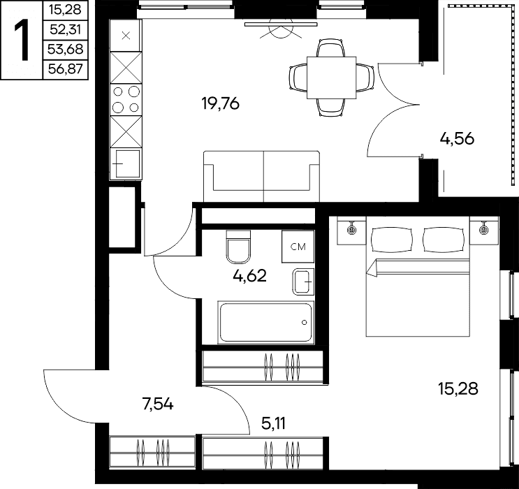 1-к, 56.87 м² · Листория