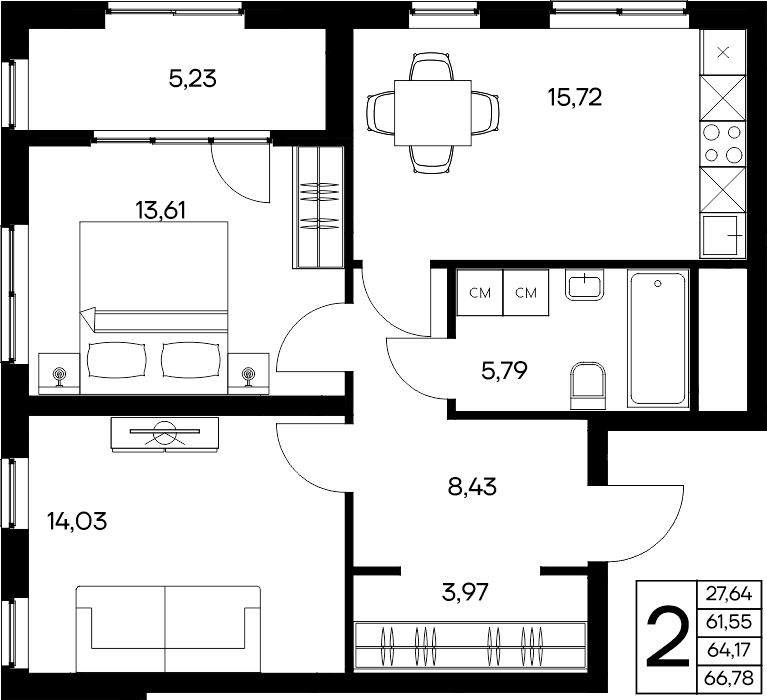 2-к, 66.78 м² · Листория