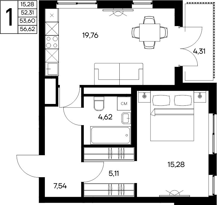 1-к, 56.62 м² · Листория