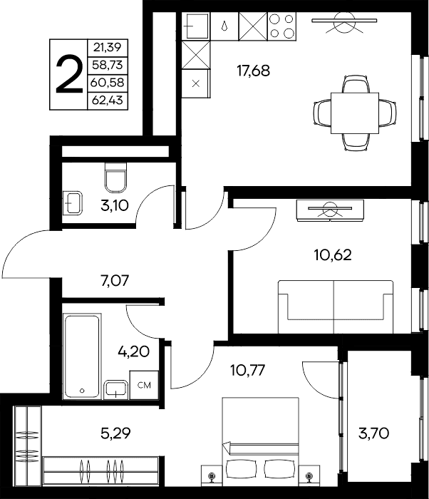 2-к, 62.43 м² · Листория