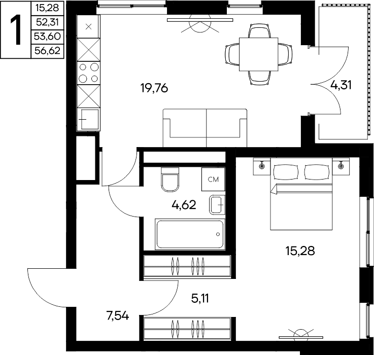 1-к, 56.62 м² · Листория