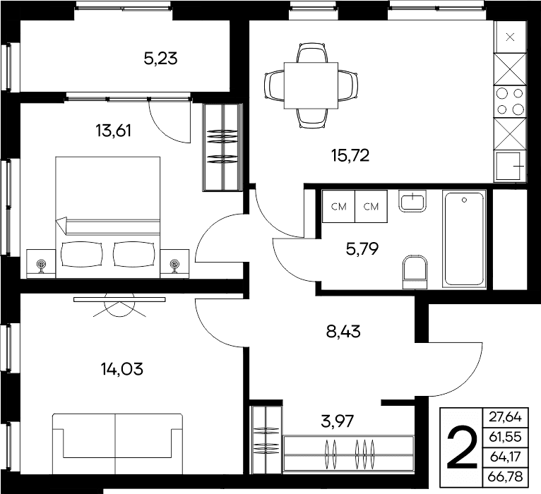 2-к, 66.78 м² · Листория