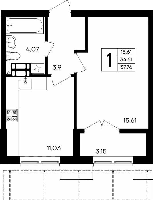 1-к, 37.76 м² · Семисчастье