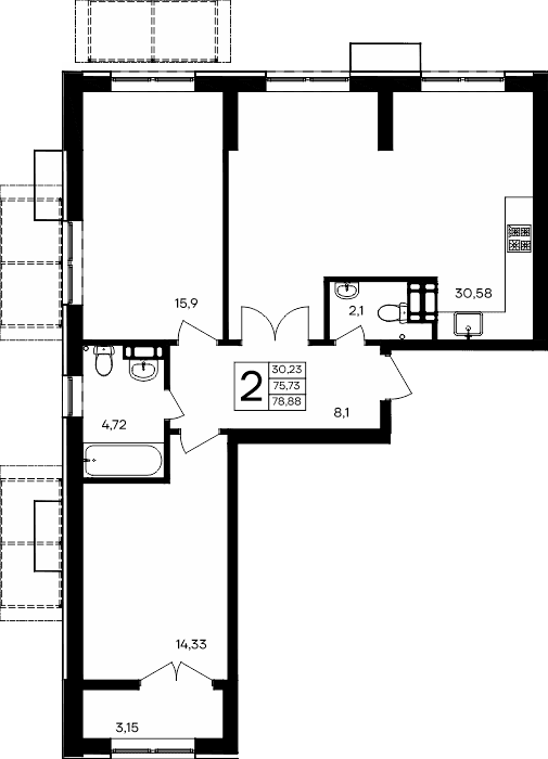 2-к, 78.88 м² · Семисчастье