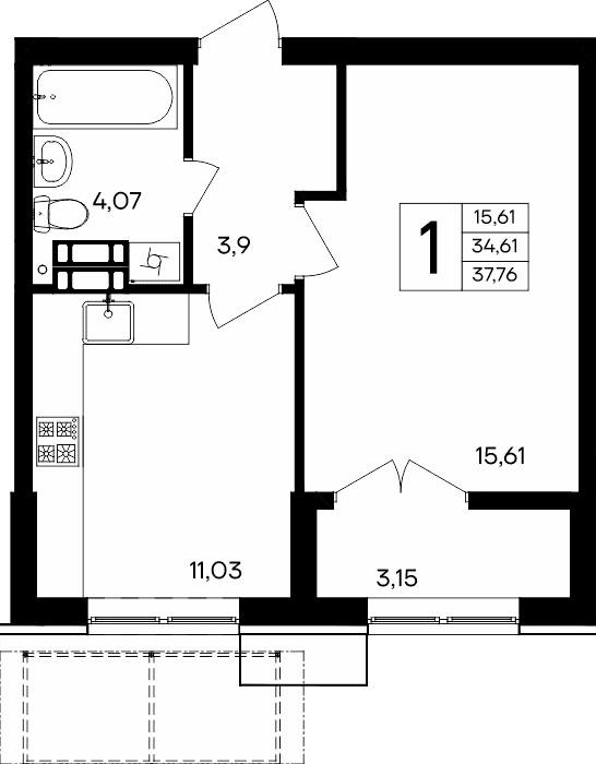 1-к, 37.76 м² · Семисчастье