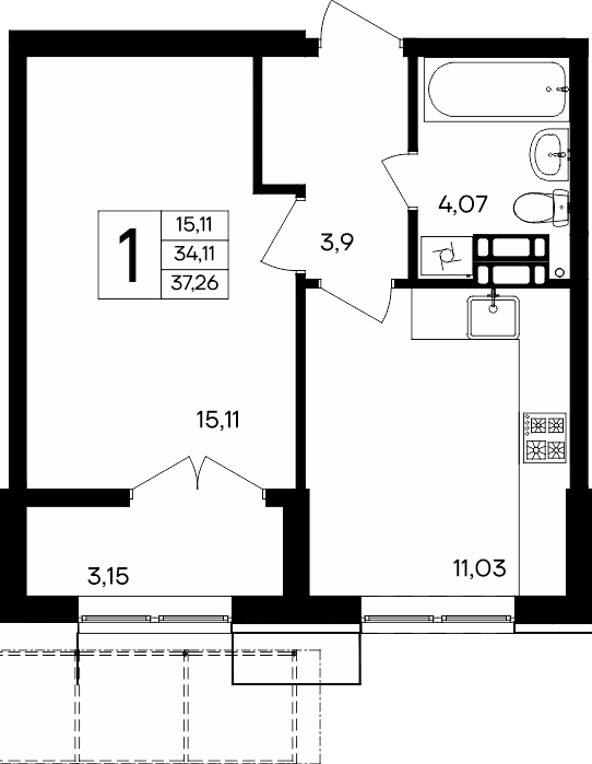 1-к, 37.26 м² · Семисчастье