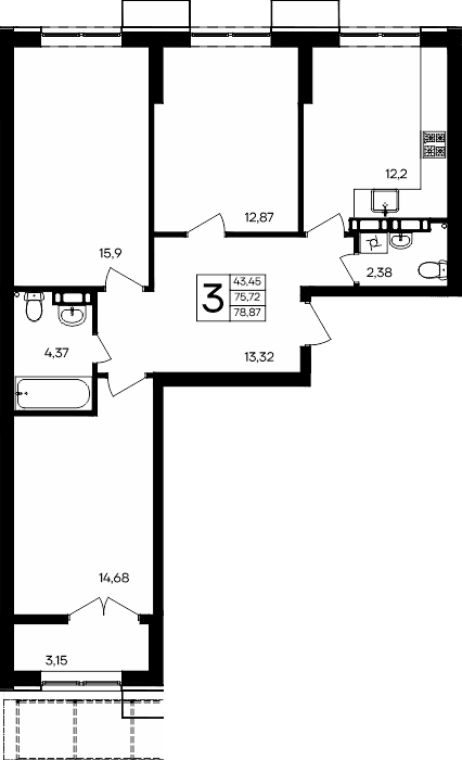 3-к, 78.87 м² · Семисчастье
