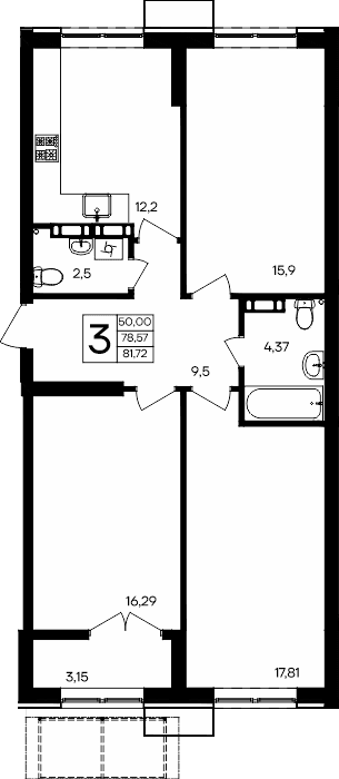 3-к, 81.72 м² · Семисчастье