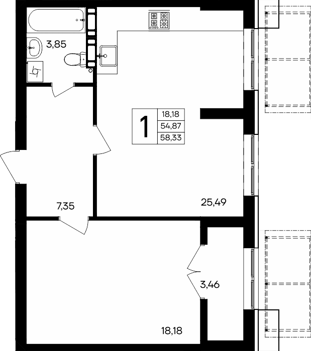 1-к, 58.33 м² · Семисчастье