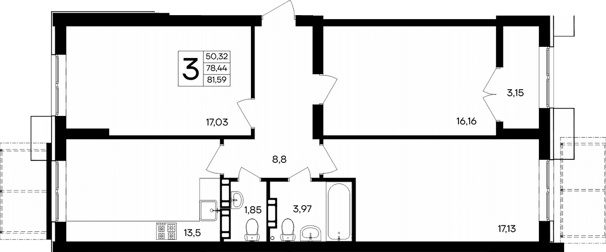 3-к, 81.59 м² · Семисчастье