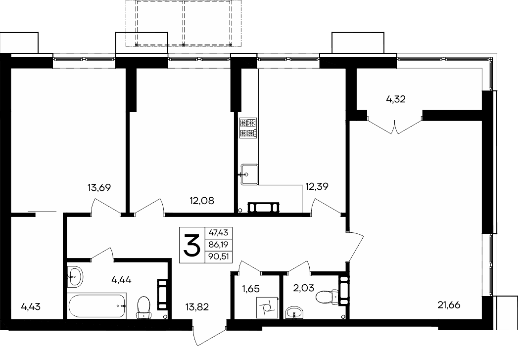3-к, 90.51 м² · Семисчастье