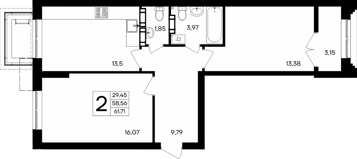 2-к, 61.71 м² · Семисчастье