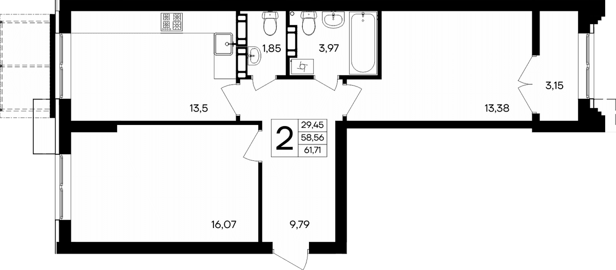 2-к, 61.71 м² · Семисчастье