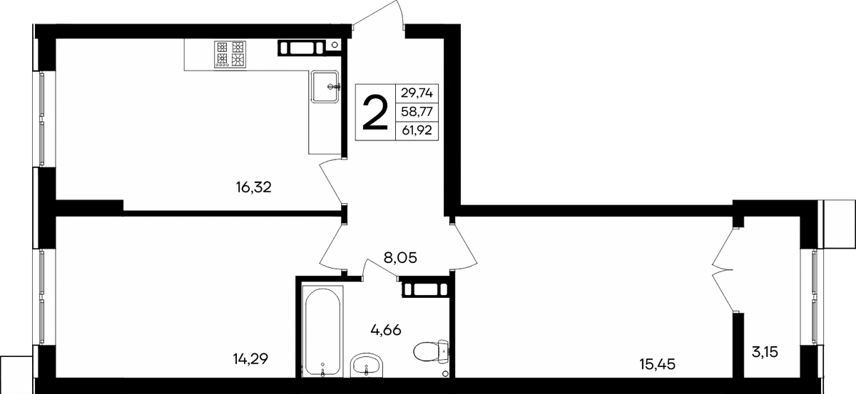2-к, 61.92 м² · Семисчастье
