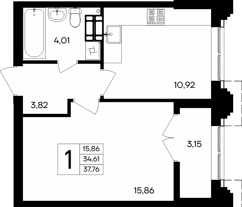1-к, 37.76 м² · Семисчастье
