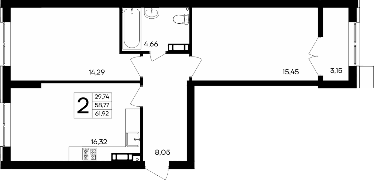 2-к, 61.92 м² · Семисчастье