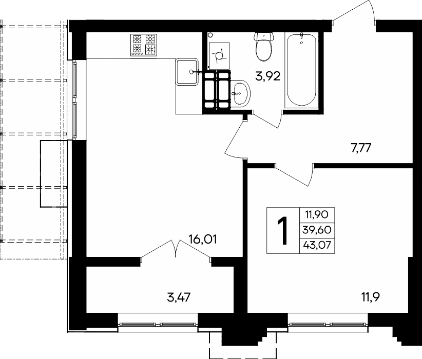 1-к, 43.07 м² · Семисчастье