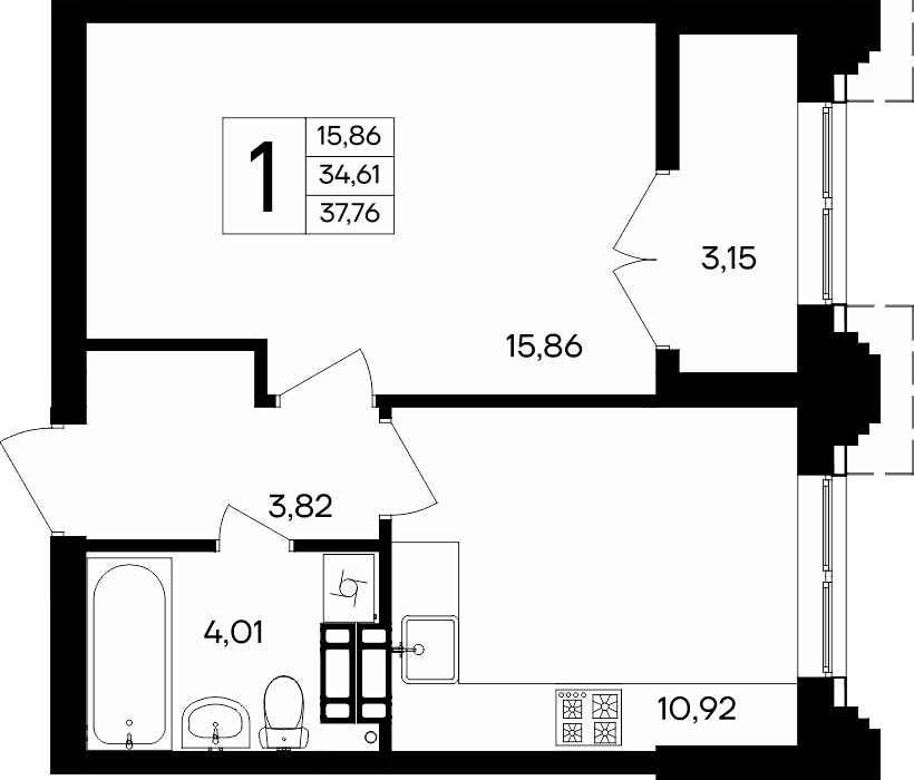 1-к, 37.76 м² · Семисчастье