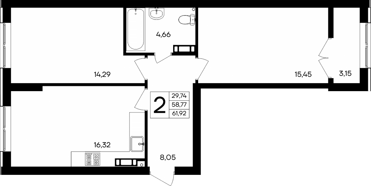 2-к, 61.92 м² · Семисчастье