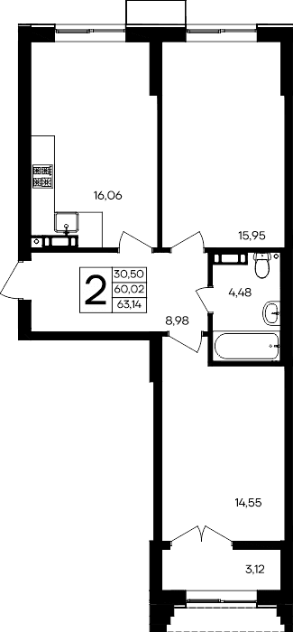 2-к, 63.14 м² · Семисчастье