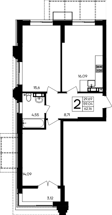 2-к, 62.16 м² · Семисчастье