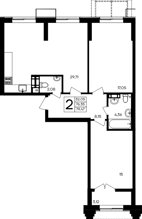 2-к, 79.47 м² · Семисчастье