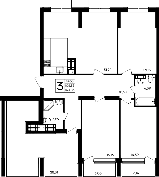 3-к, 140.83 м² · Семисчастье