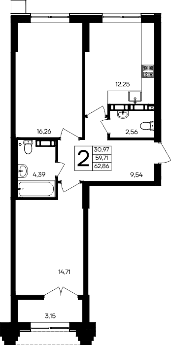2-к, 62.86 м² · Семисчастье