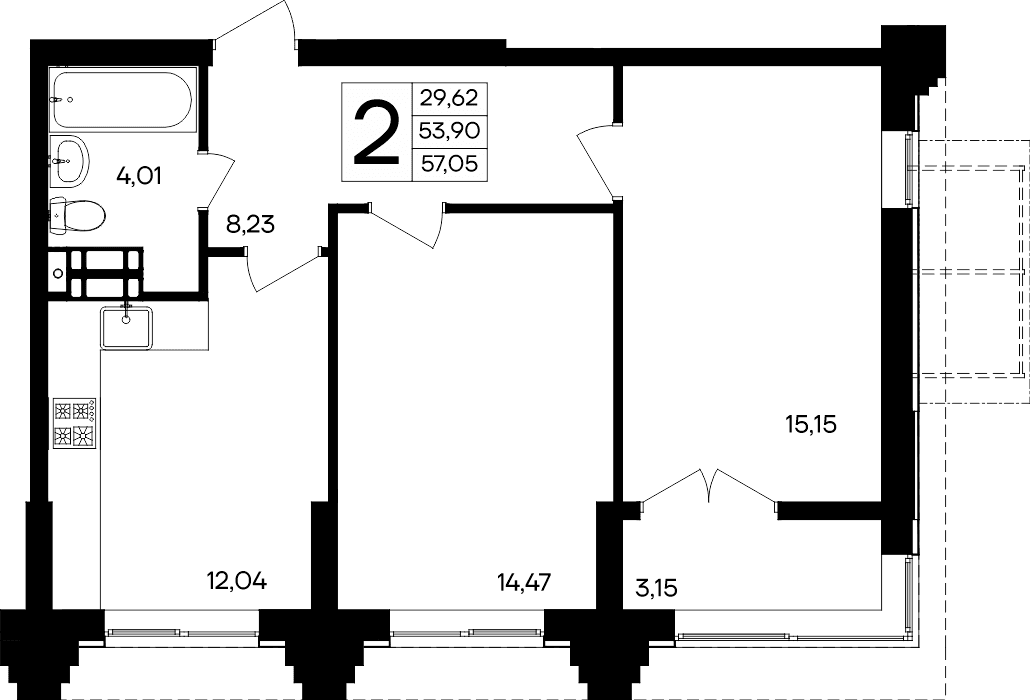 2-к, 57.05 м² · Семисчастье