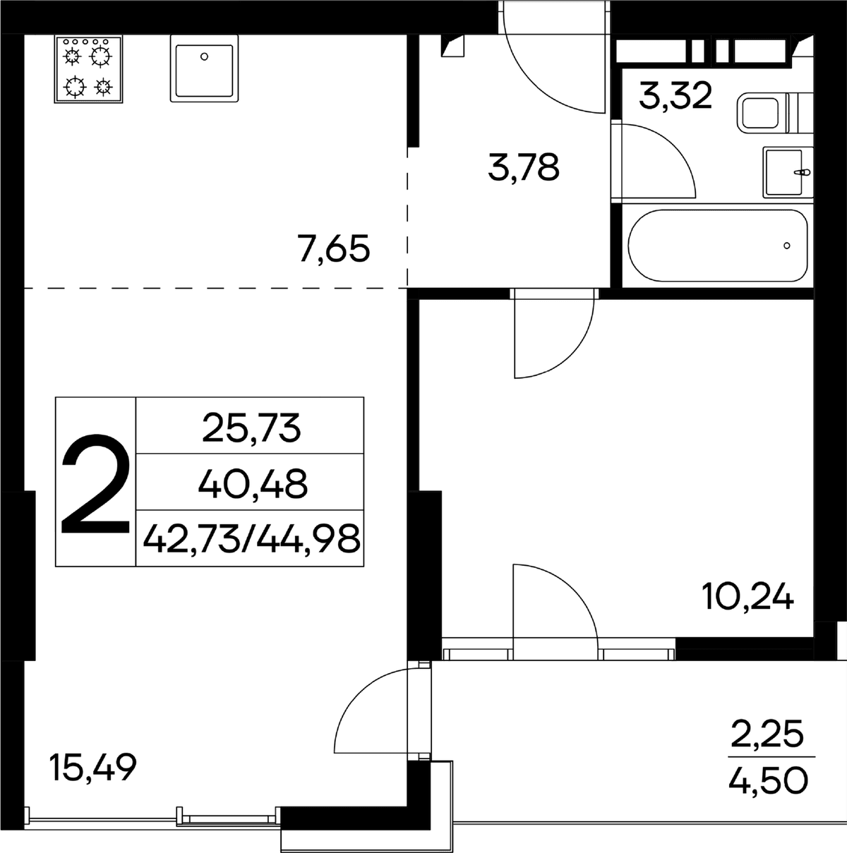 2-к, 44.98 м² · Лучистое