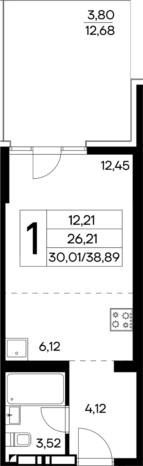 1-к, 38.89 м² · Лучистое