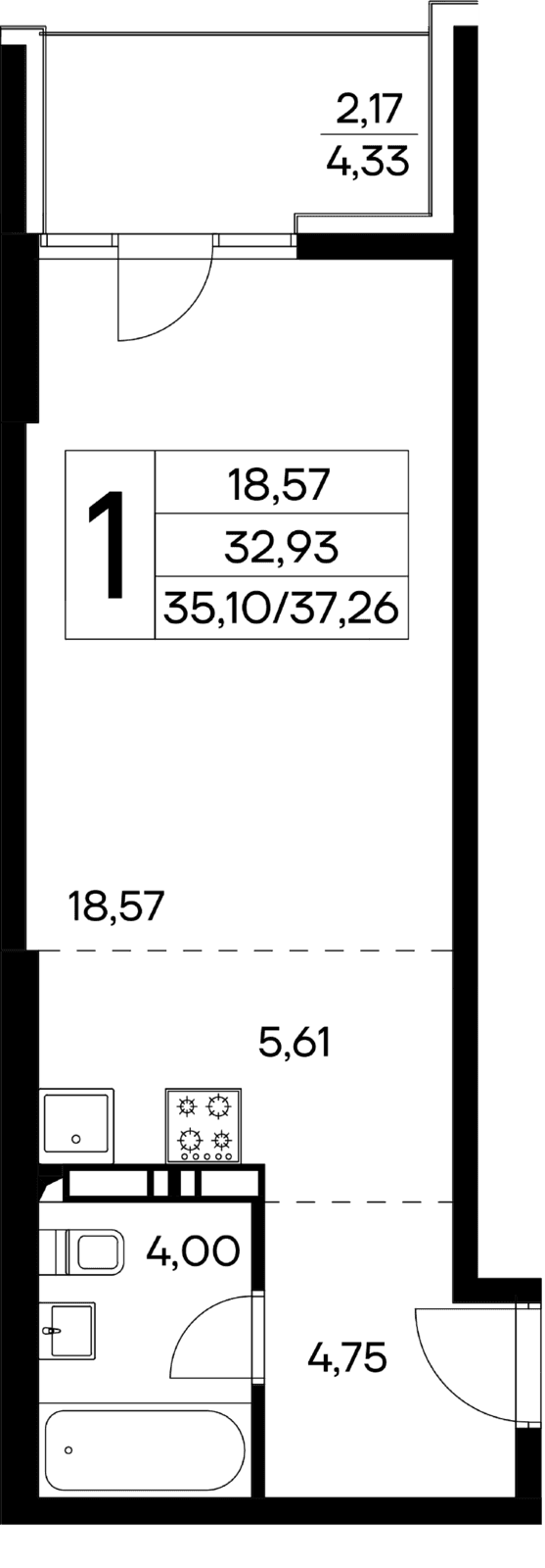 1-к, 37.26 м² · Лучистое