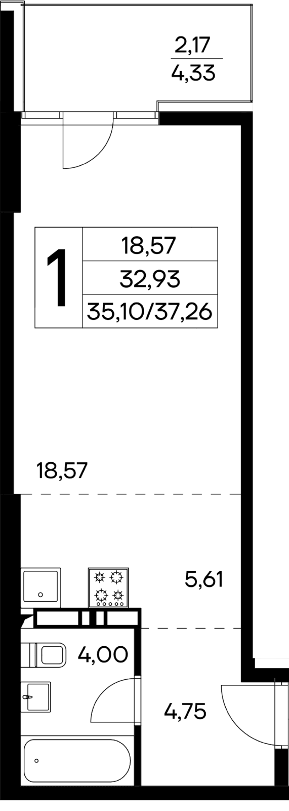 1-к, 37.26 м² · Лучистое