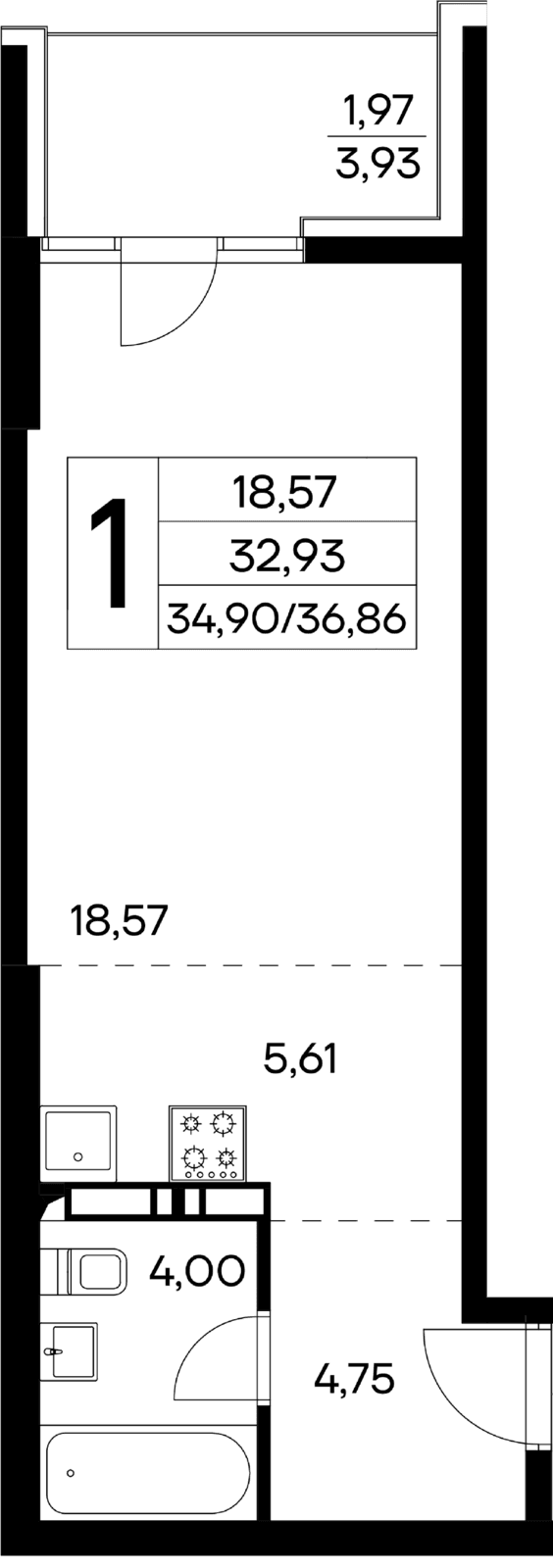 1-к, 36.86 м² · Лучистое