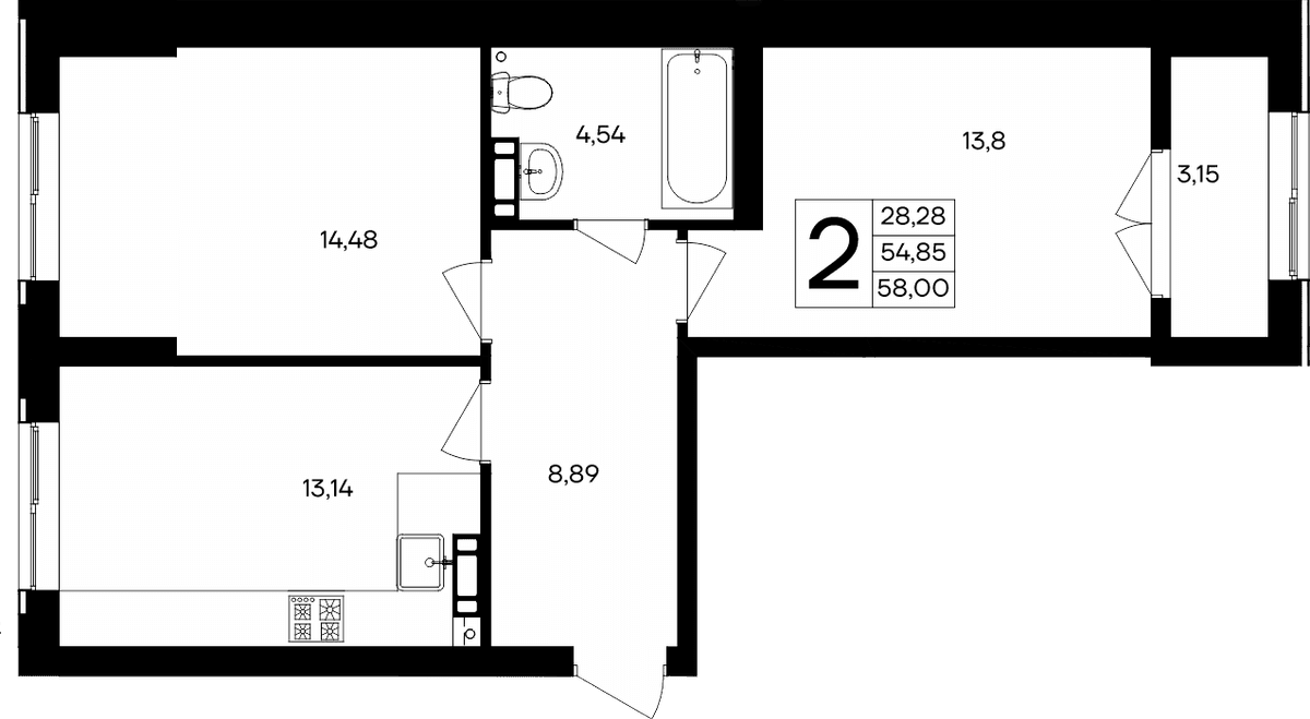 2-к, 58 м² · Семисчастье