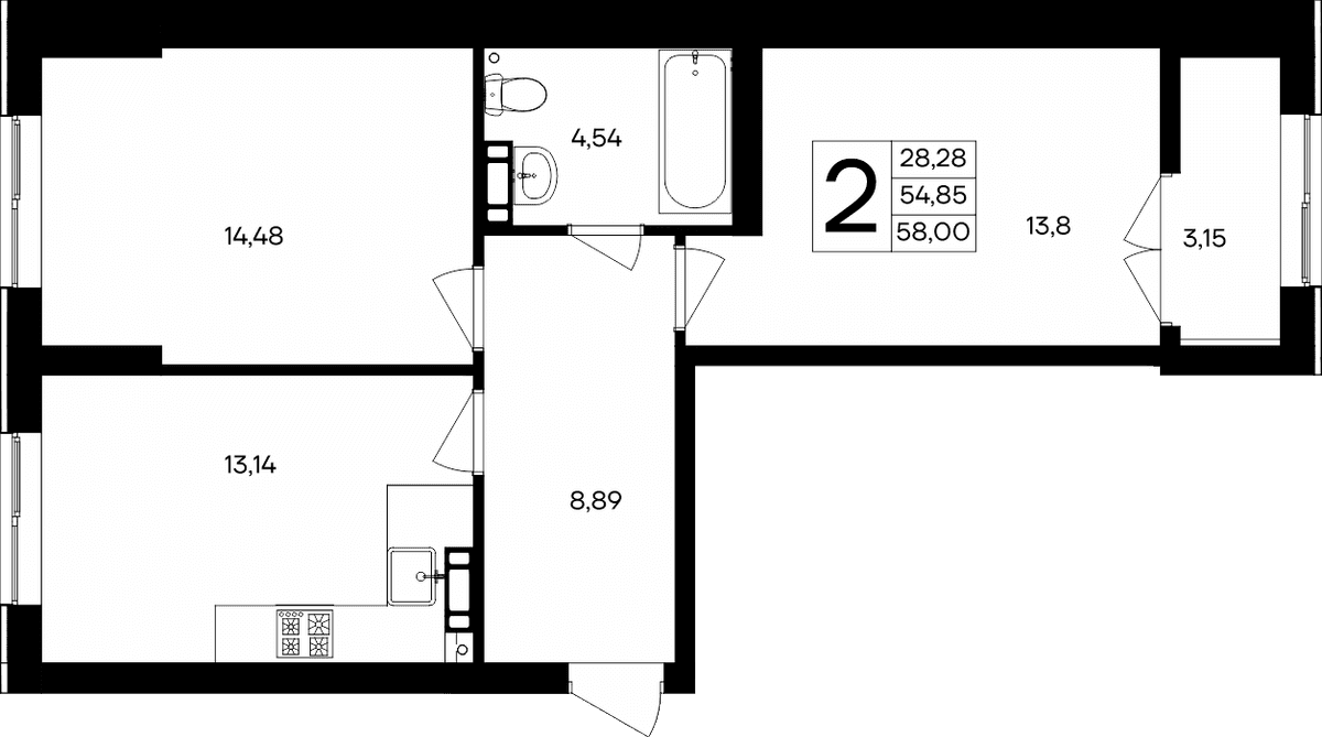 2-к, 58 м² · Семисчастье