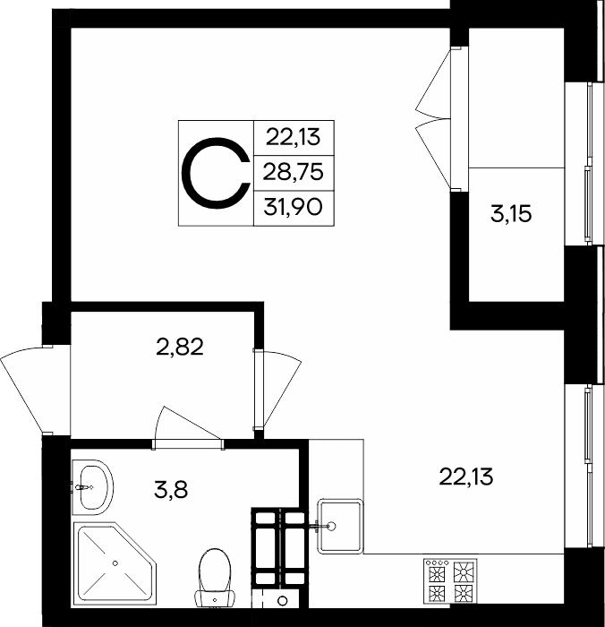 Студия, 31.9 м² · Семисчастье