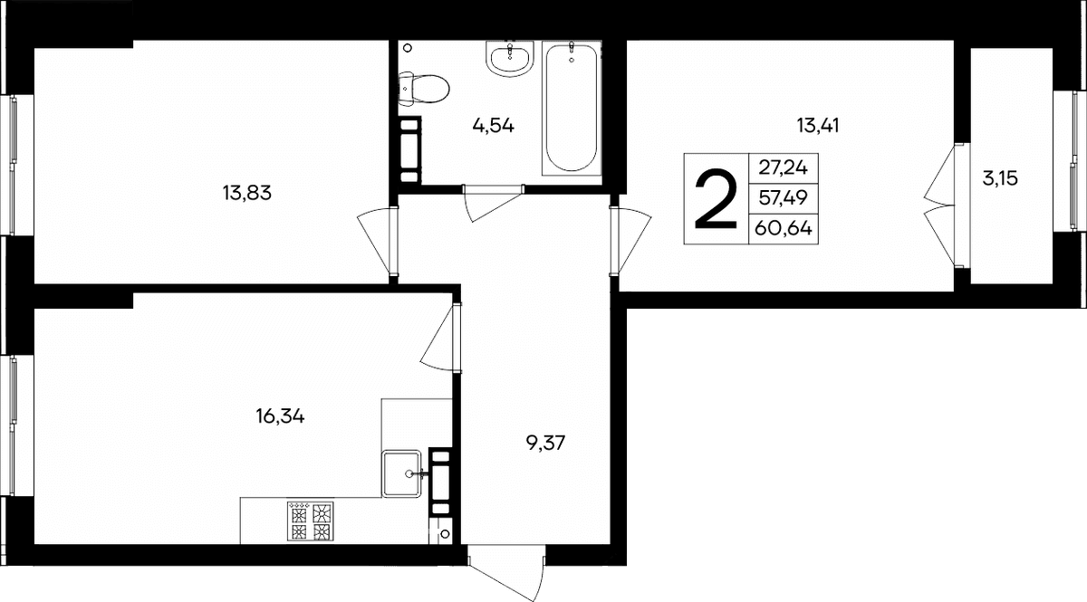 2-к, 60.64 м² · Семисчастье