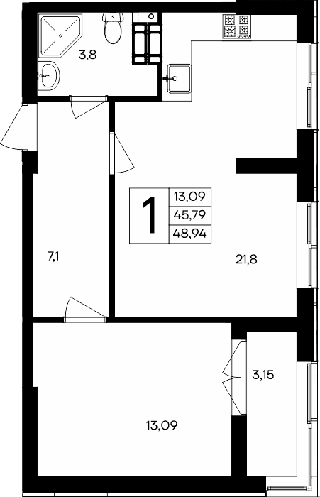 1-к, 48.94 м² · Семисчастье