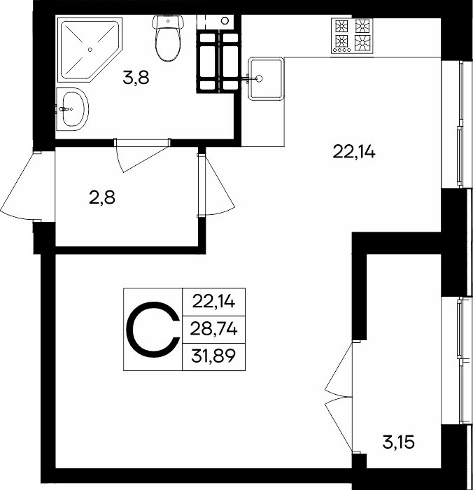 Студия, 31.89 м² · Семисчастье
