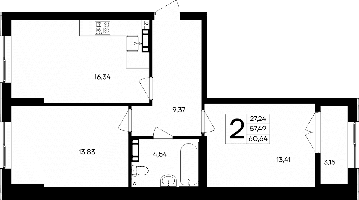 2-к, 60.64 м² · Семисчастье
