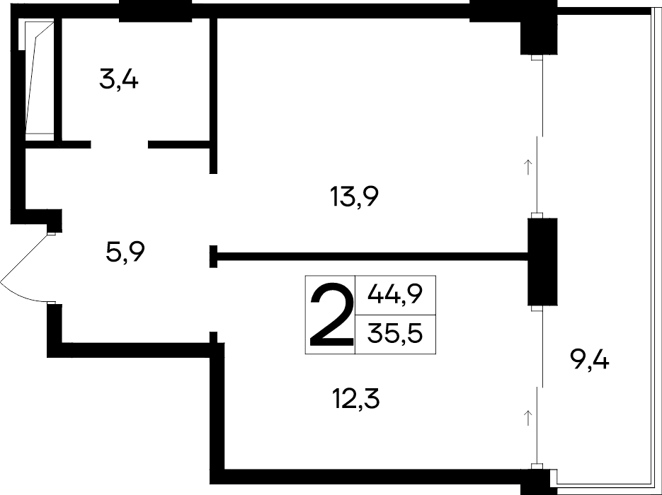 2-к, 44.9 м² · Ривьера Евпатории